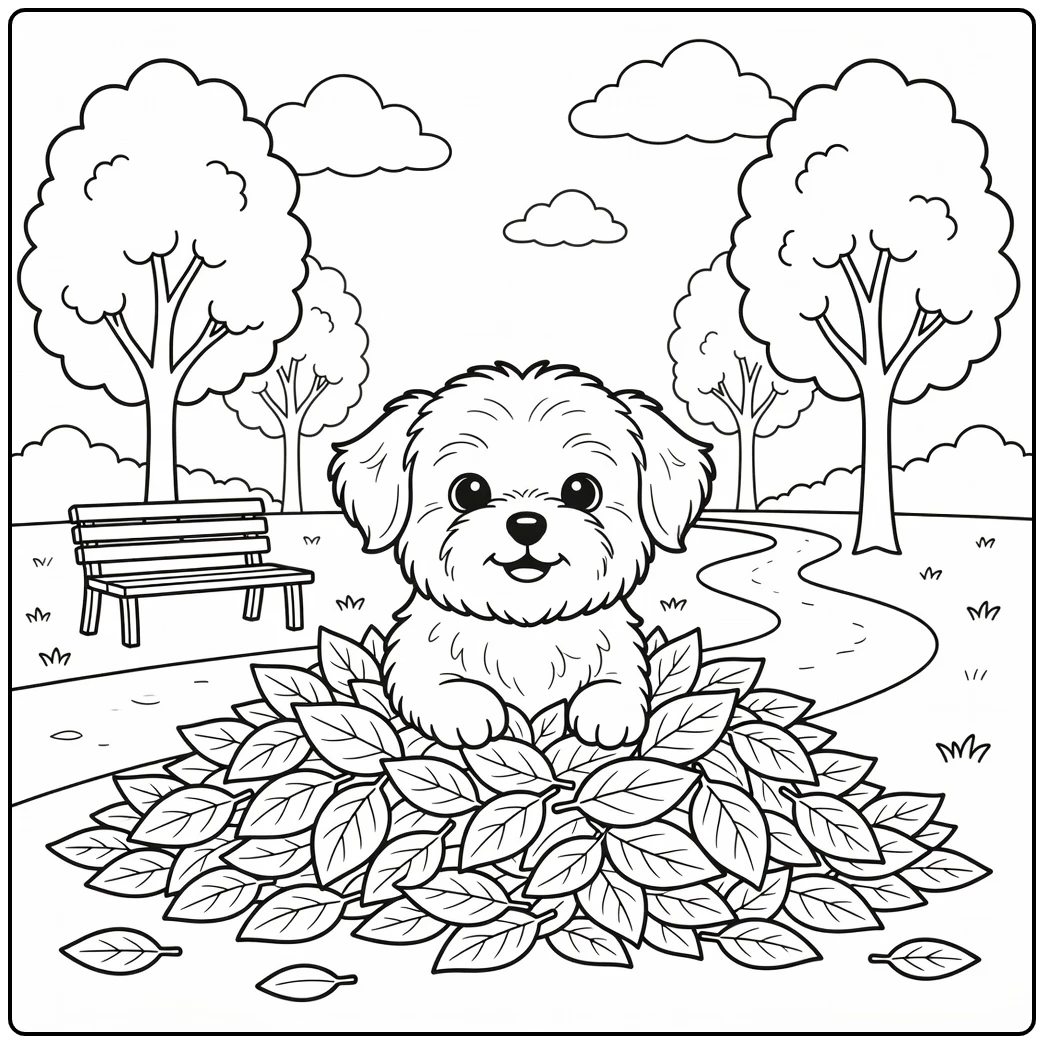 A fluffy puppy hiding in autumn leaves on a maltese coloring page.
