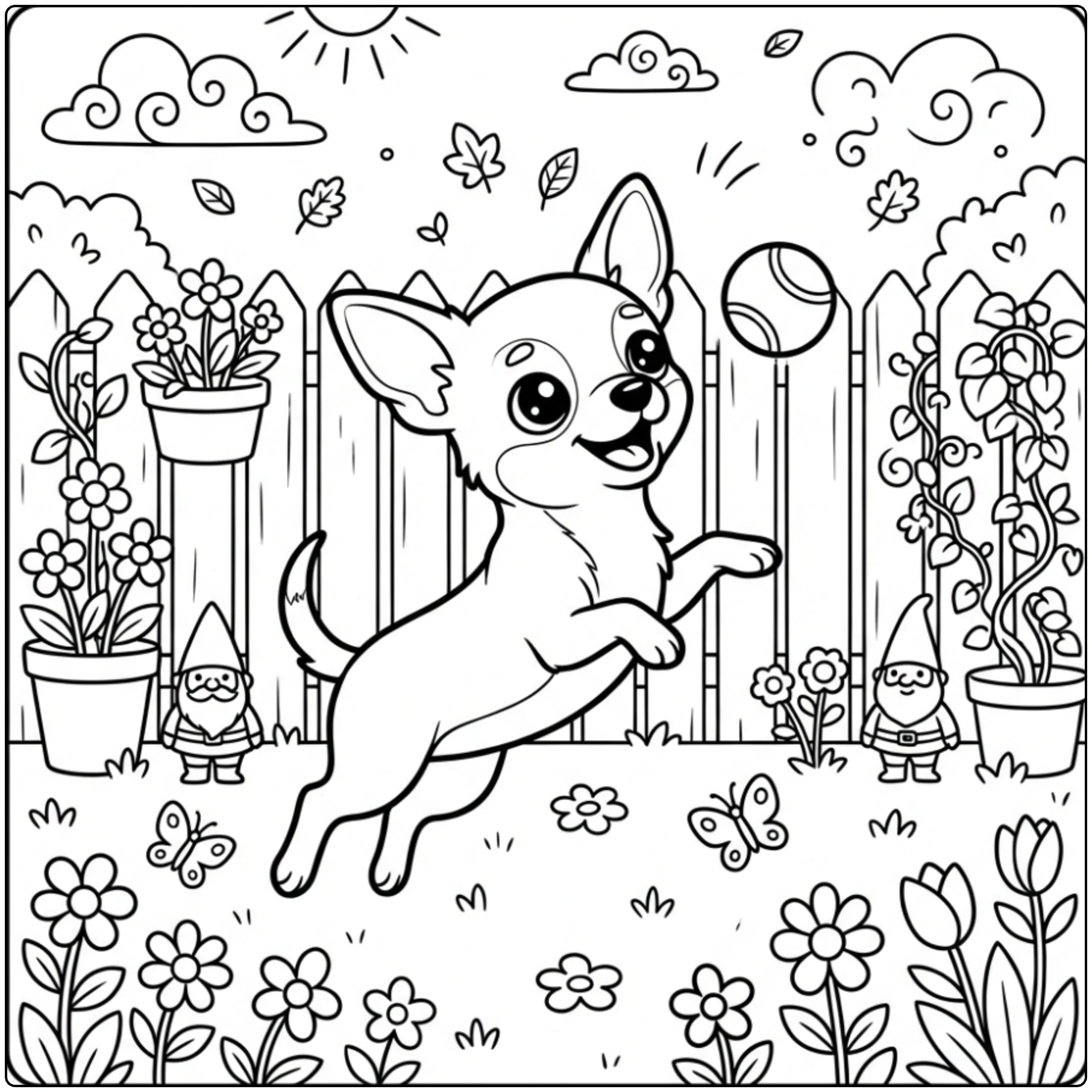 Happy puppy jumping for a ball Chihuahua coloring page.