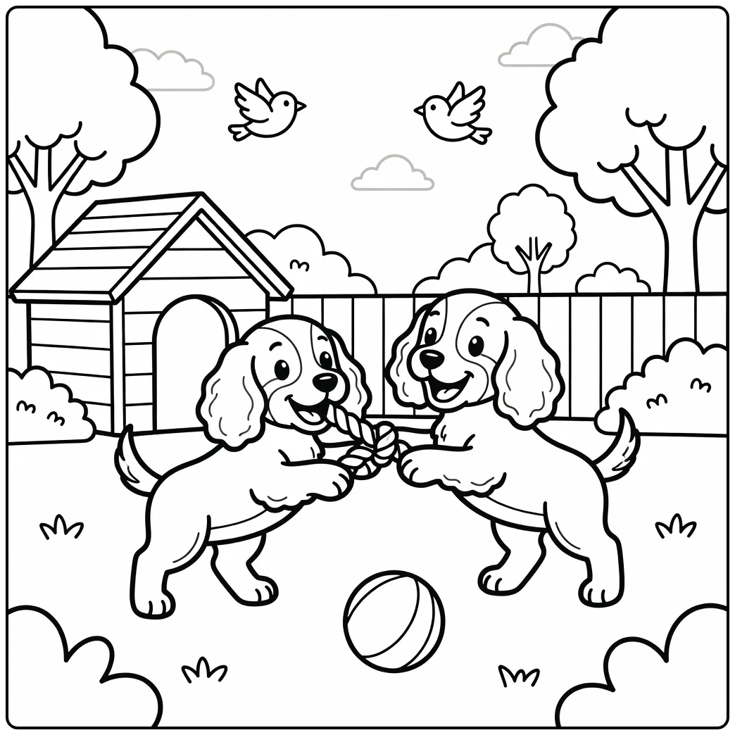 Two puppies playing tug-of-war on a cocker spaniel coloring page.