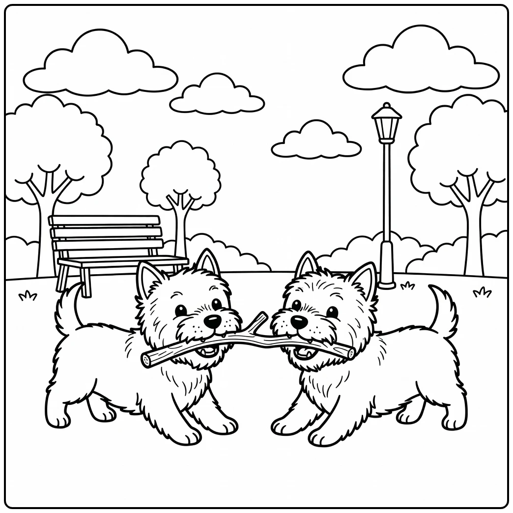 Two happy dogs playing with a stick on a cairn terrier coloring page.