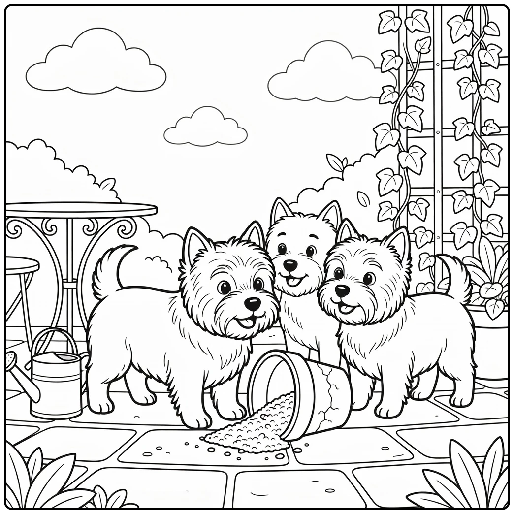 Three cute dogs on a fun cairn terrier coloring page.