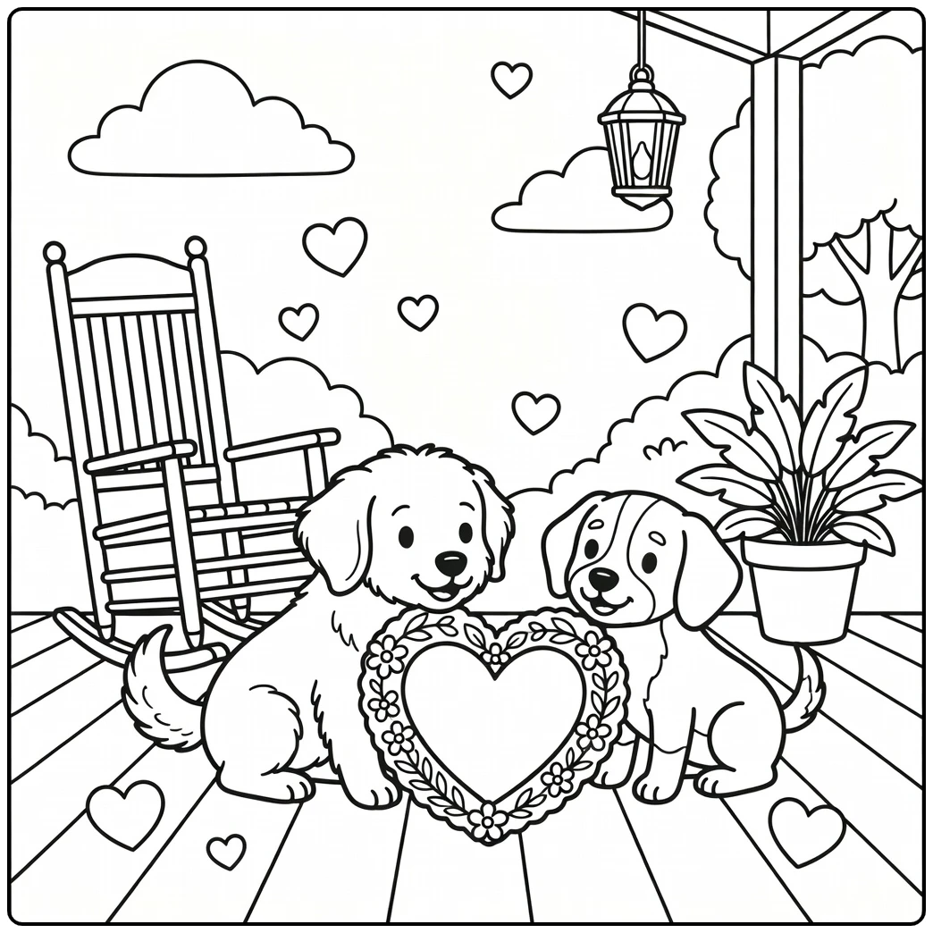 Two dogs play with a heart wreath on a valentine dog coloring page.