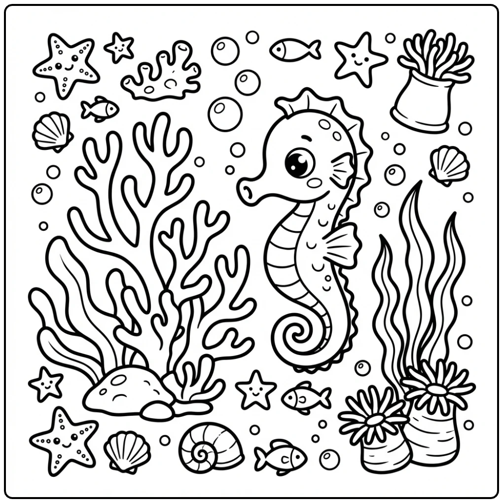 Cute seahorse swimming amongst coral and plants: Coral Reef Animals coloring page