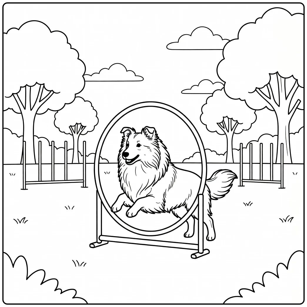 Agile shetland sheepdog coloring page at park agility course, hoop jump.