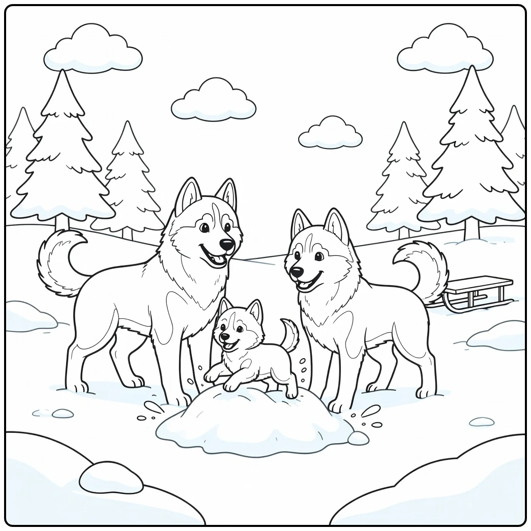 A Siberian Husky dog family coloring page with a puppy in snow.