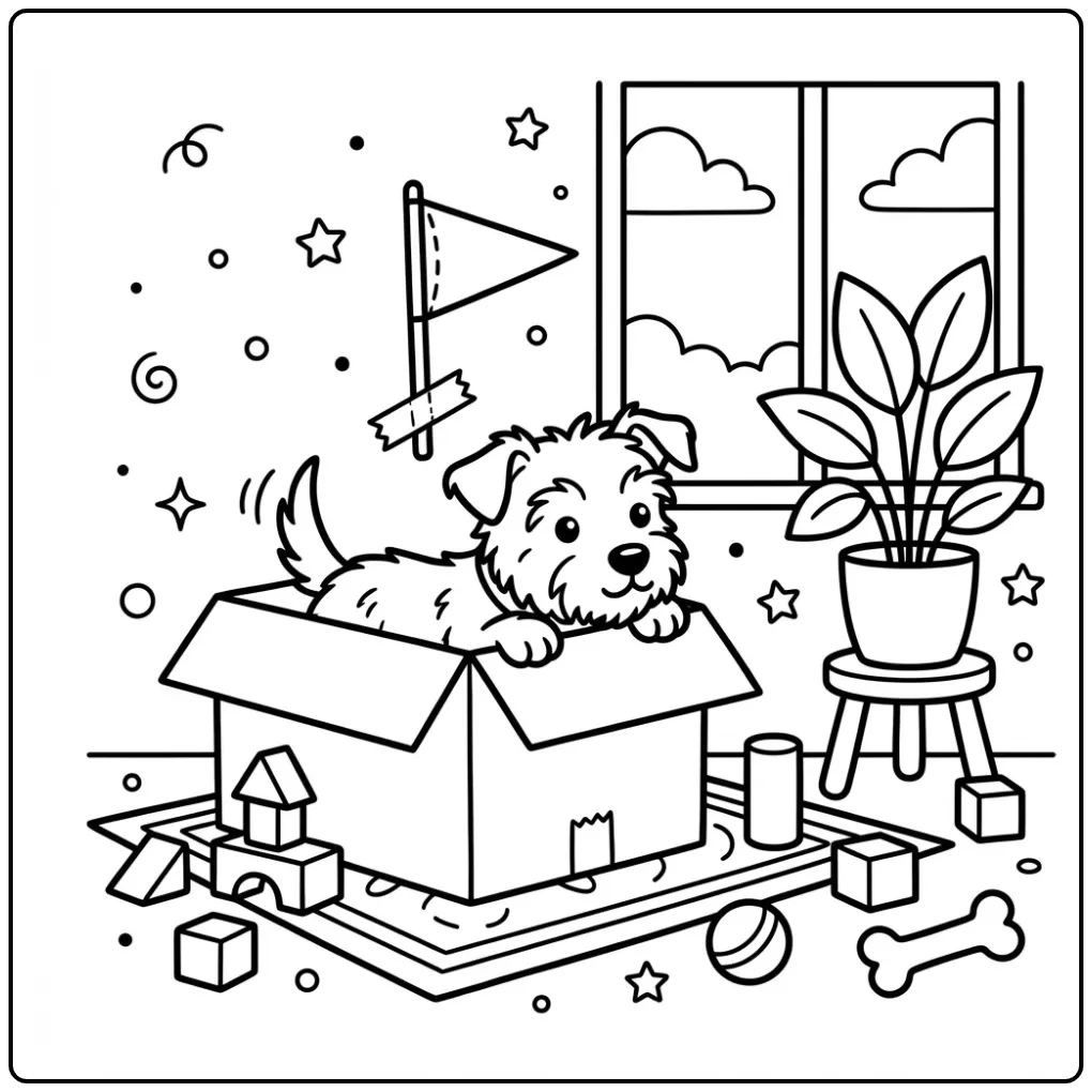 Shaggy terrier puppy in a box fort Dog coloring page.