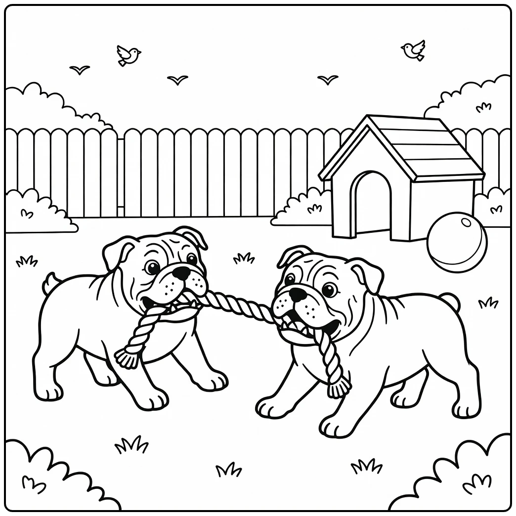 Two cartoon dogs playing tug on an english bulldog coloring page.