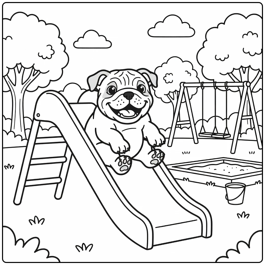A joyful puppy on a playground slide english bulldog coloring page.