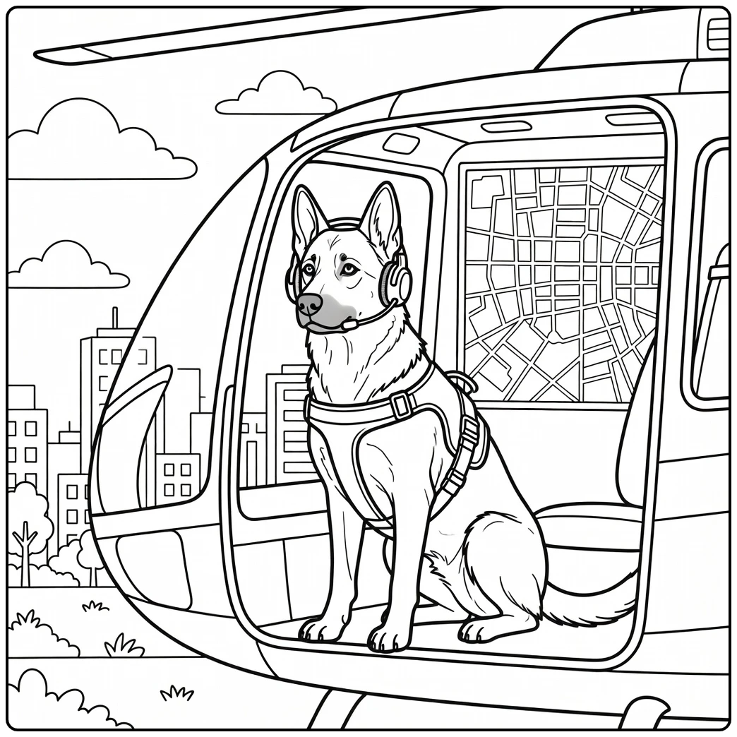 Hero police dog coloring page in helicopter, on a sky patrol mission