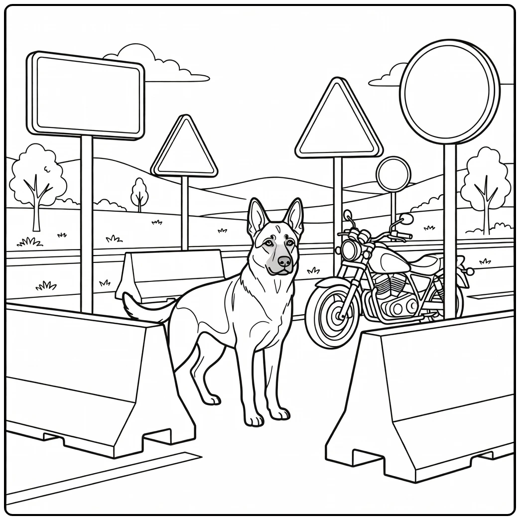 Vigilant police dog coloring page at highway checkpoint.
