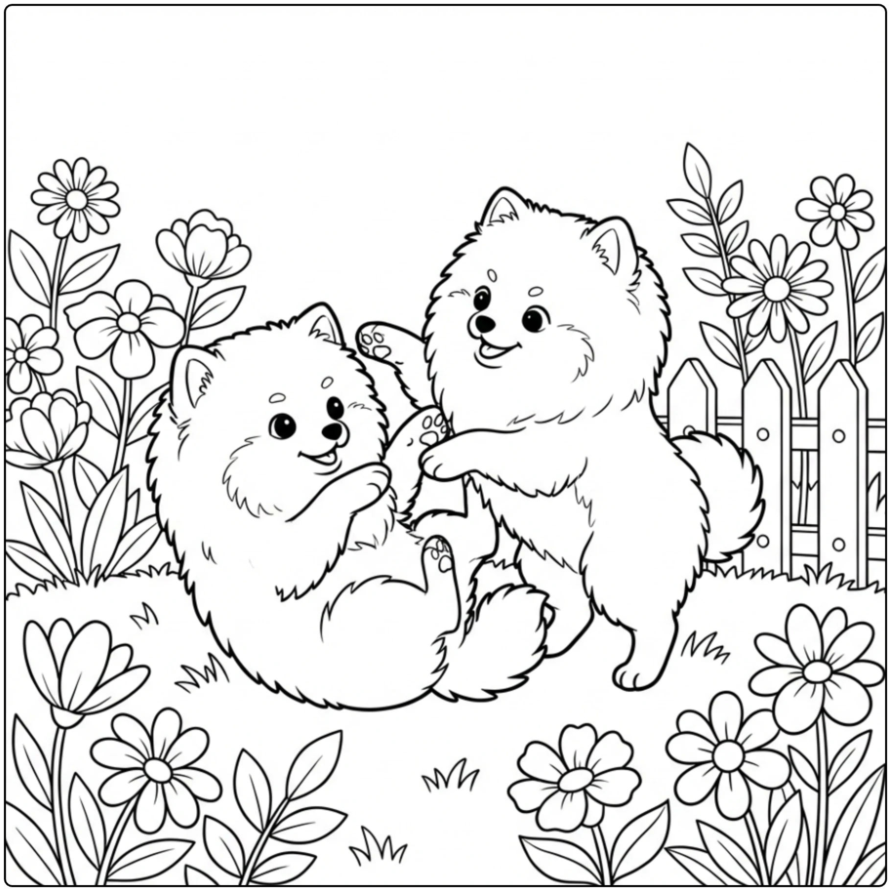 Cute Pomeranian Puppy coloring page tumbling on grass