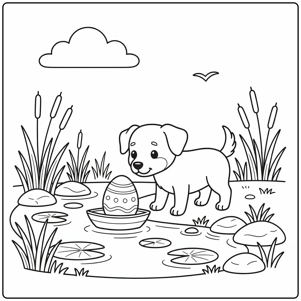 A dog nudges a boat with an egg on this easter dog coloring page.