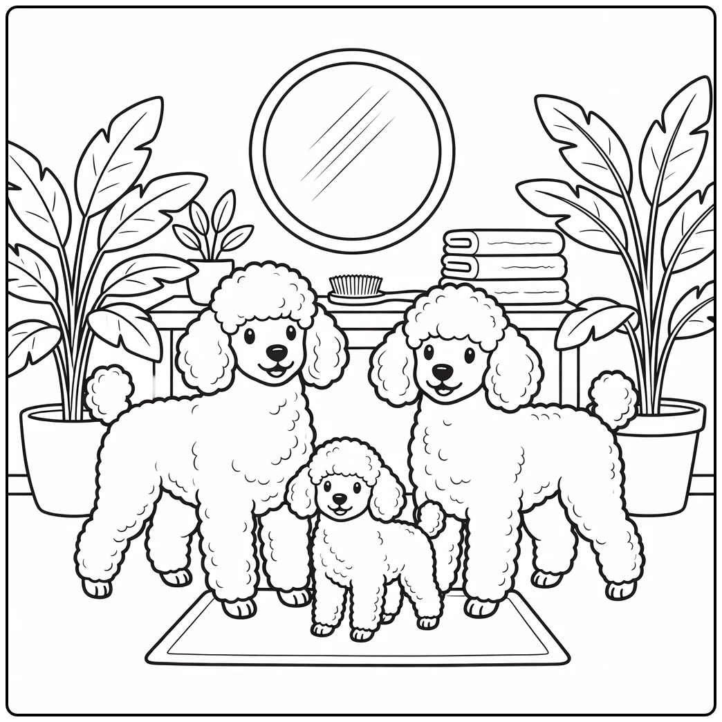 A cute Poodle dog family coloring page at a grooming salon.
