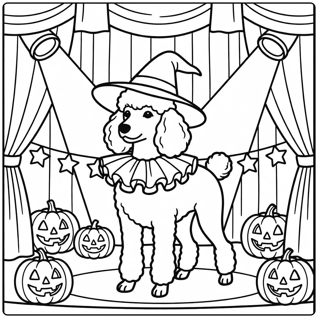 Poodle witch on stage - a fun halloween dog coloring page