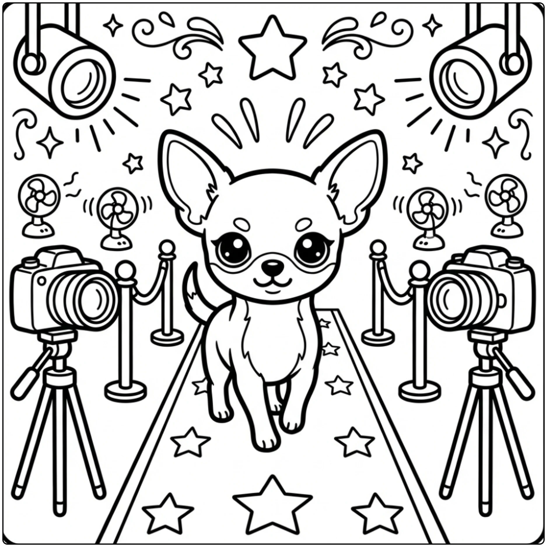 Cute Beverly Hills Chihuahua coloring page on a red carpet.