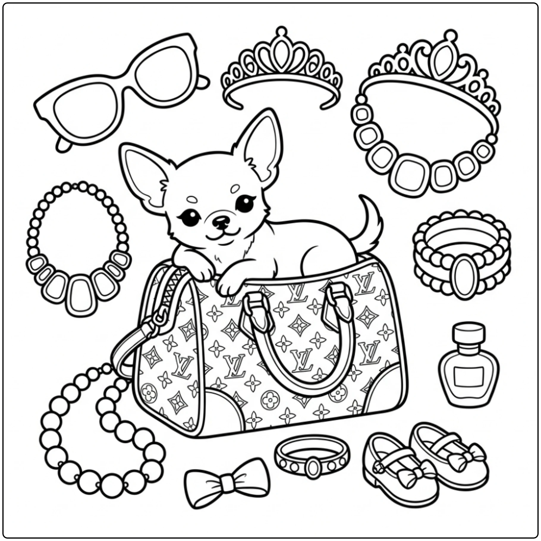 Cute Beverly Hills Chihuahua coloring page in a luxury bag
