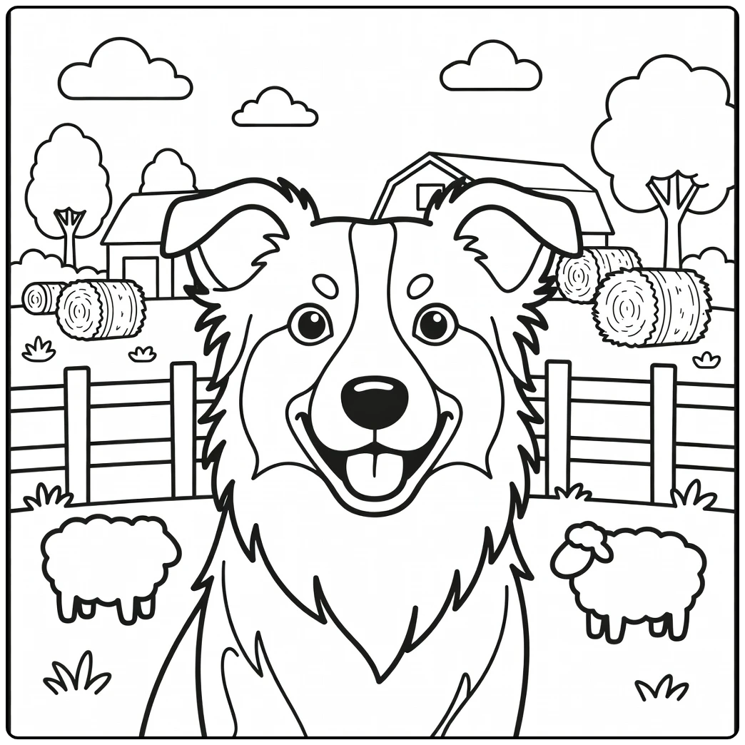 An energetic Border Collie dog face coloring page on a farm.