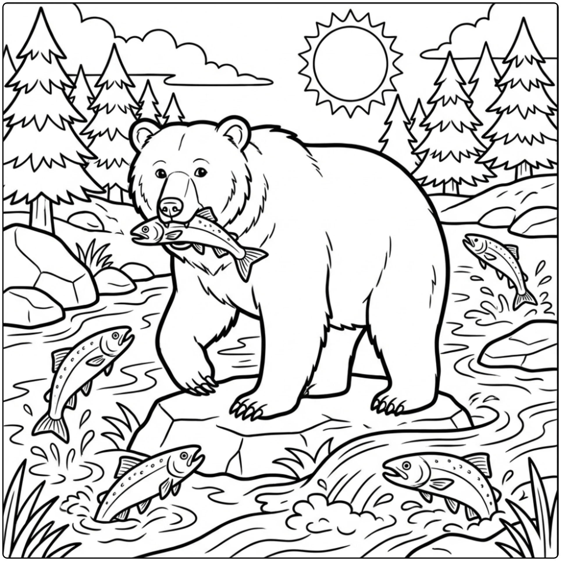 Animal coloring page of a bear catching salmon in a river.