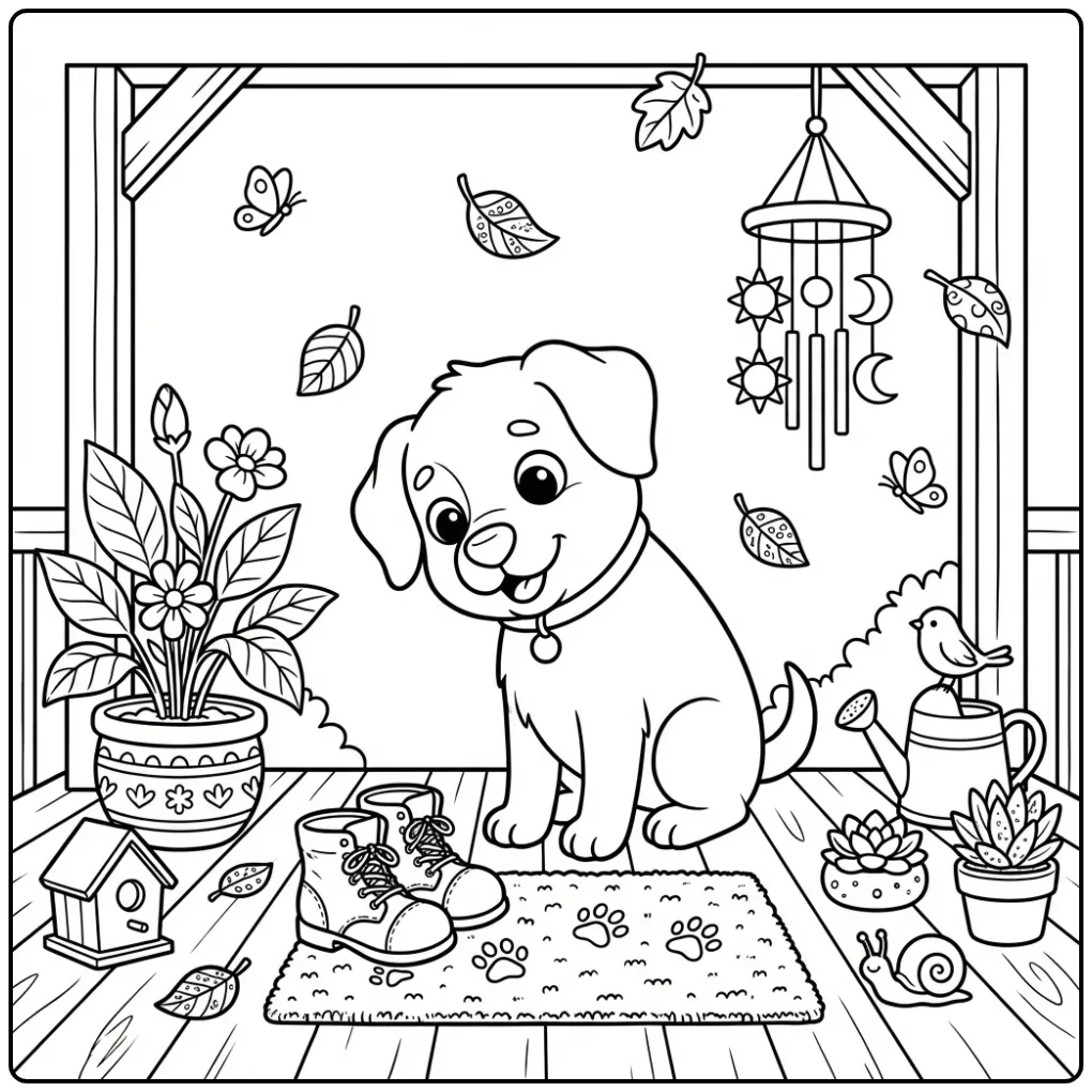 Cute puppy on a front porch scene Dog coloring page.