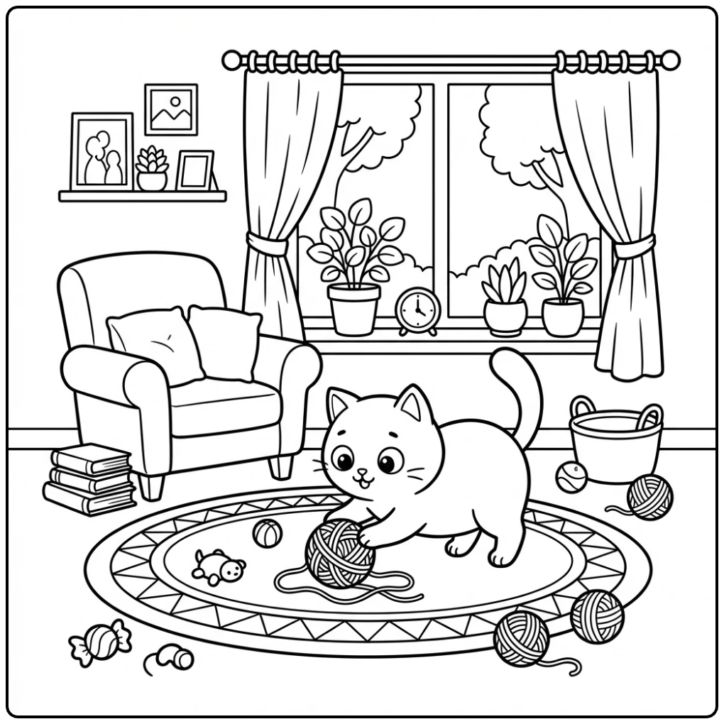 Cat coloring page of a cute kitten playing with yarn ball