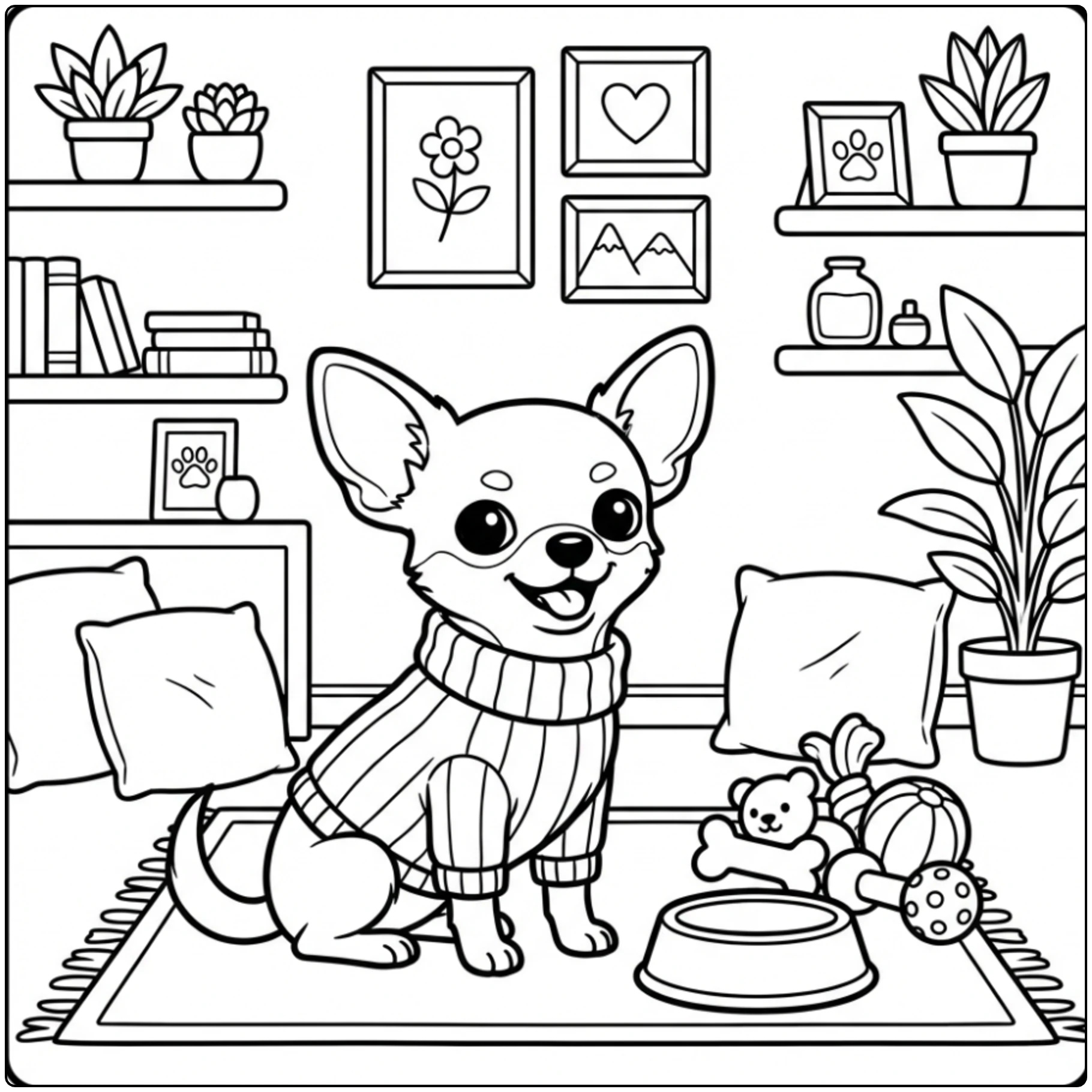 Cute Chihuahua coloring page with sweater and toys.