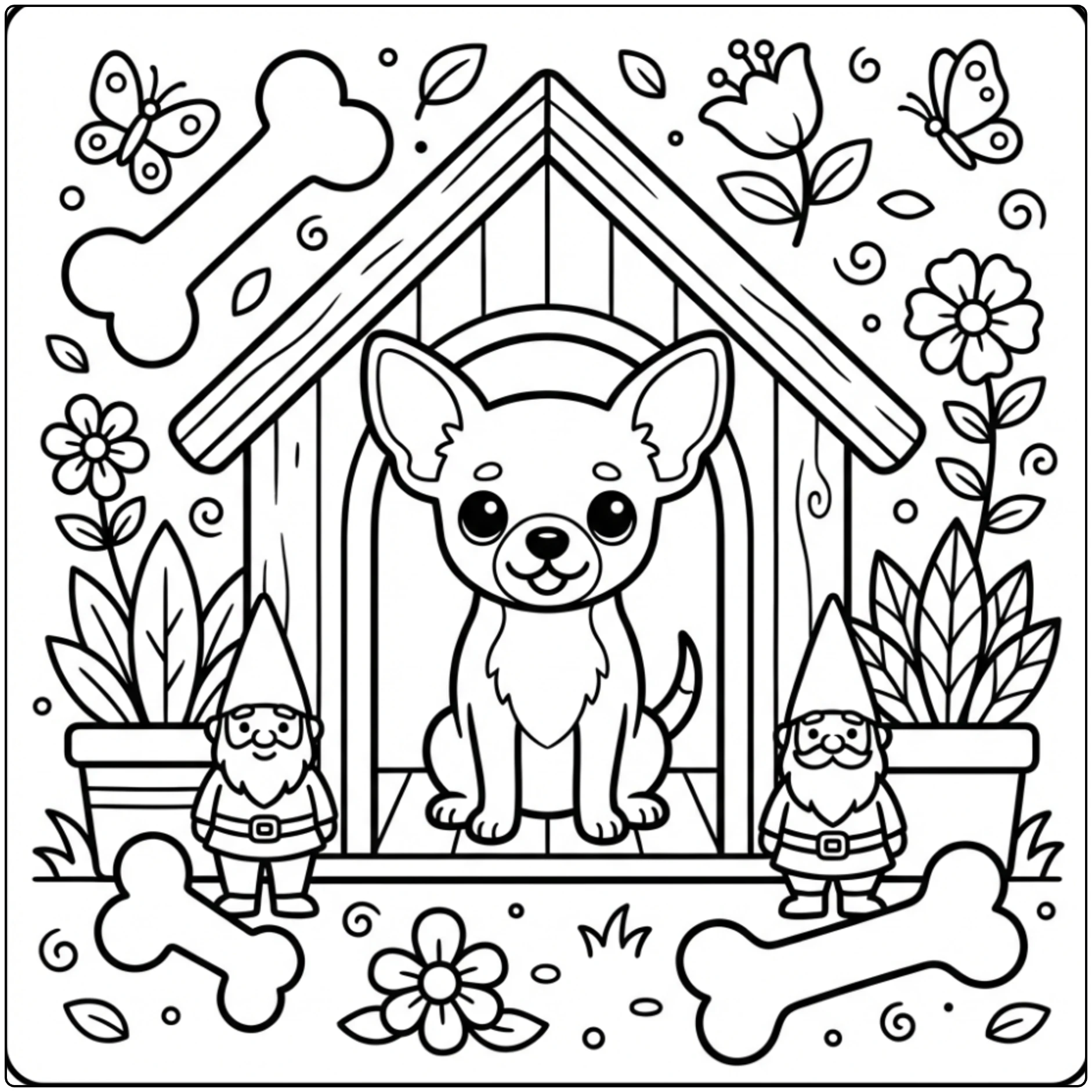 Cute dog in house illustration as a Chihuahua coloring page.