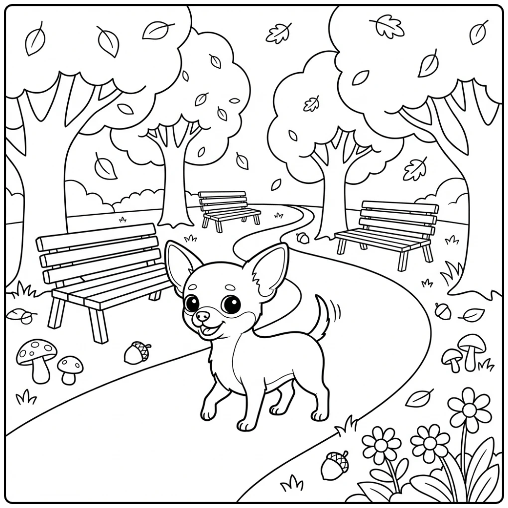 Cute dog walking in park Chihuahua coloring page line art.