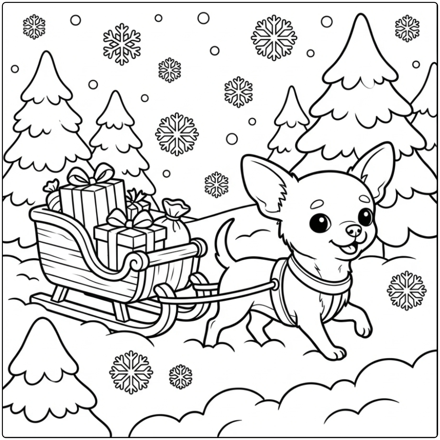 Cute Christmas Chihuahua coloring page pulling a gift sleigh