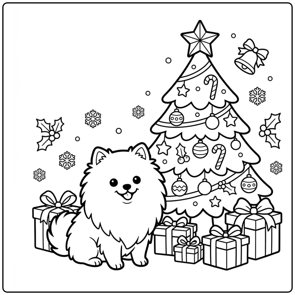 Cute Christmas Pomeranian coloring page with tree and gifts