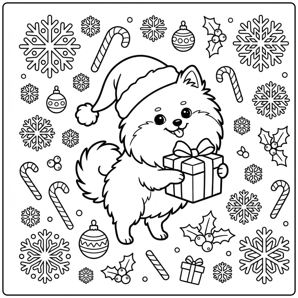 Cute Christmas Pomeranian coloring page with Santa hat.