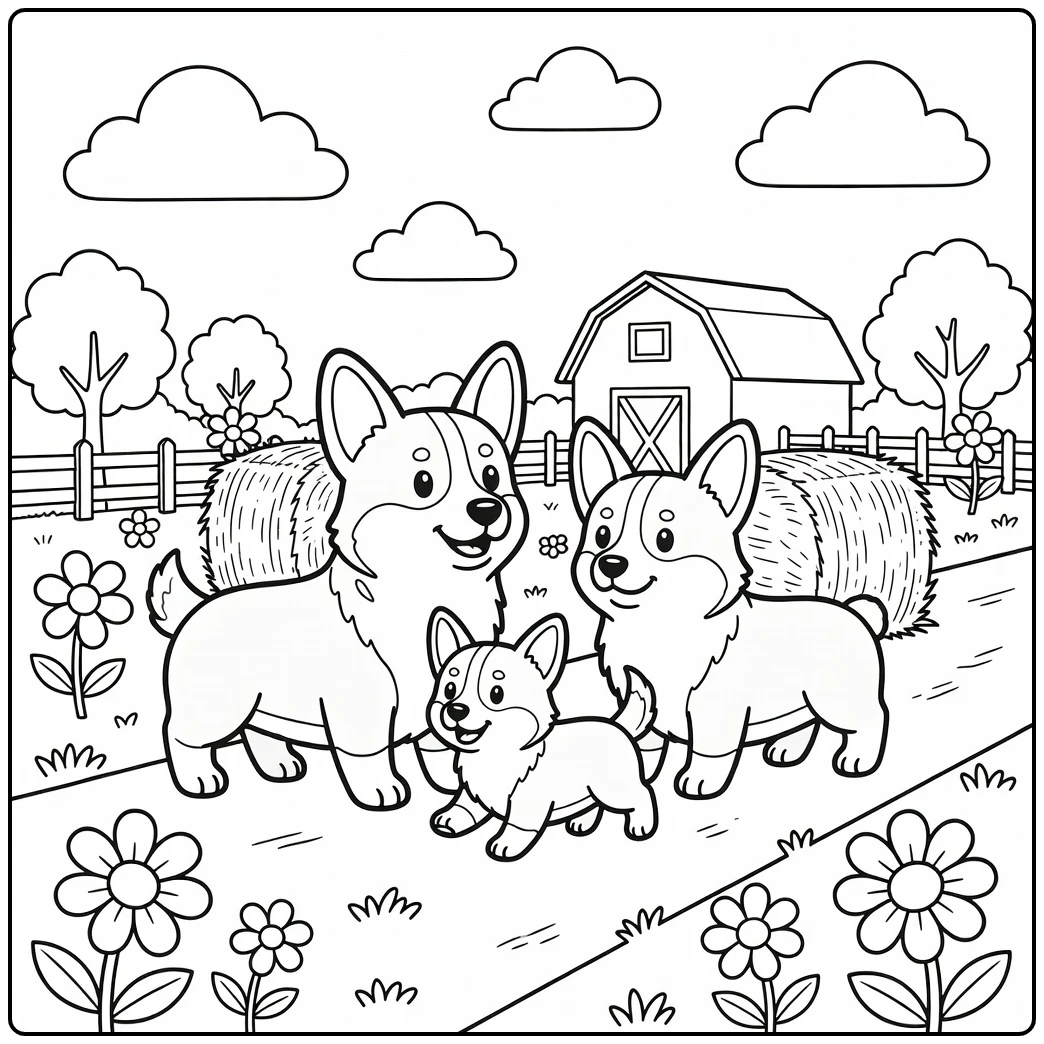 A cute Corgi dog family coloring page on a country farm lane.