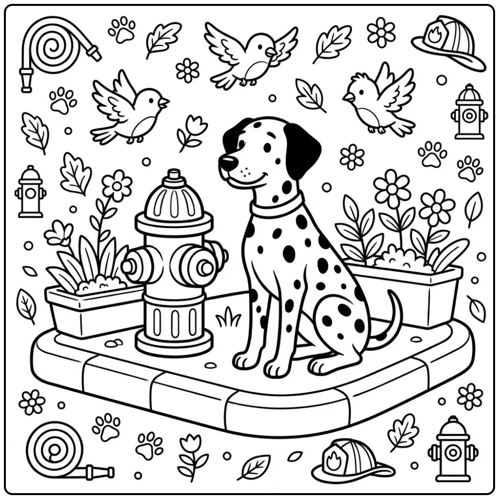 Cute Dalmatian dog coloring page with hydrant and birds.