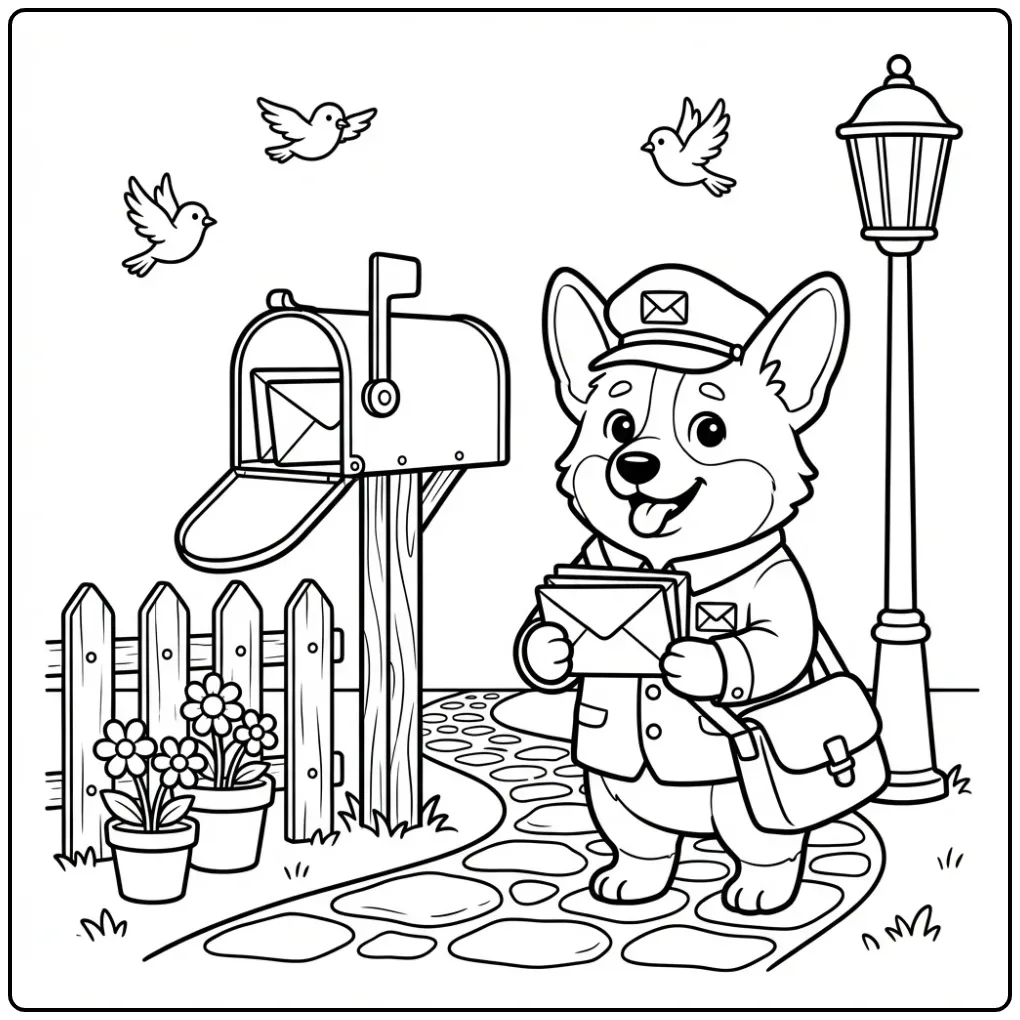 Dog coloring page showing a cute corgi mail carrier.