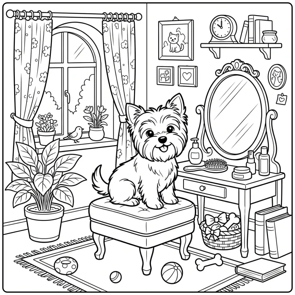 Dog coloring page of a cute Yorkie on a footstool.