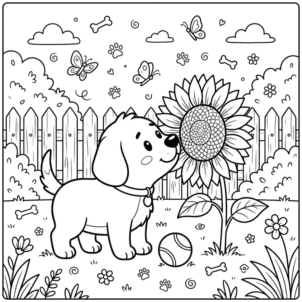 Cute cartoon Dog coloring page sniffing a flower.