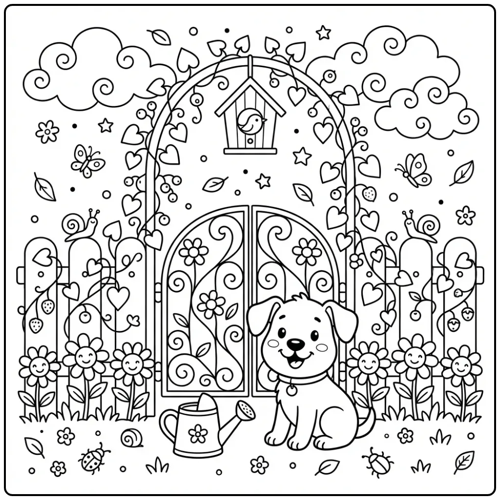 Cute Dog coloring page at a garden gate with flowers.
