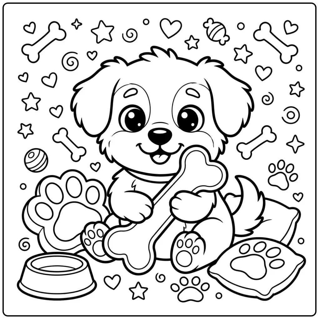 Cute puppy holding a bone in this Dog coloring page design.