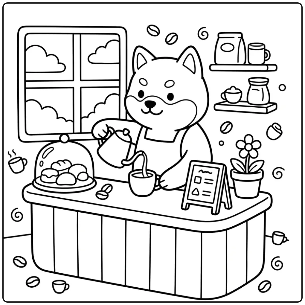Dog coloring page of a Shiba Inu barista in a cute cafe.