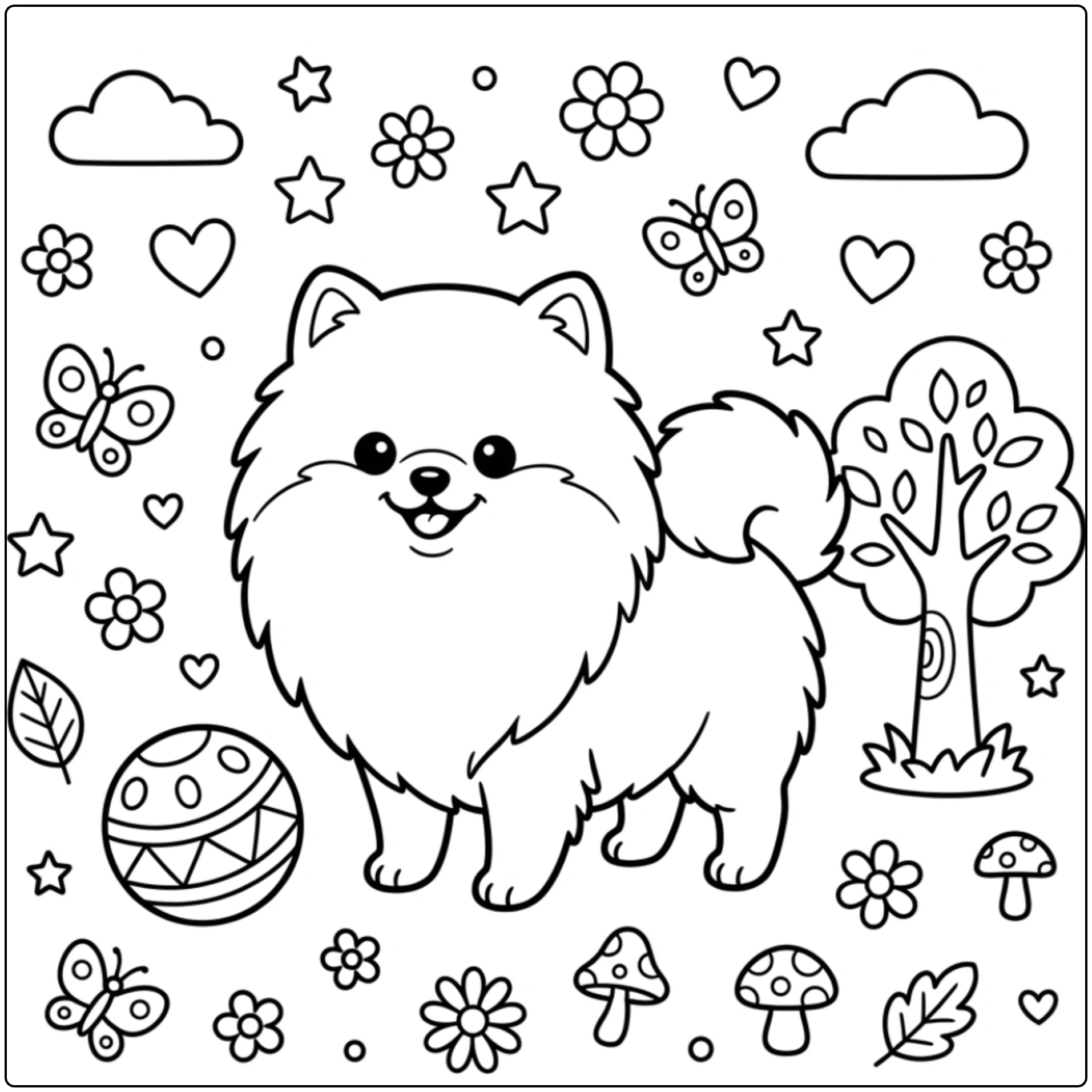 Cute Easy Pomeranian coloring page with a ball and tree