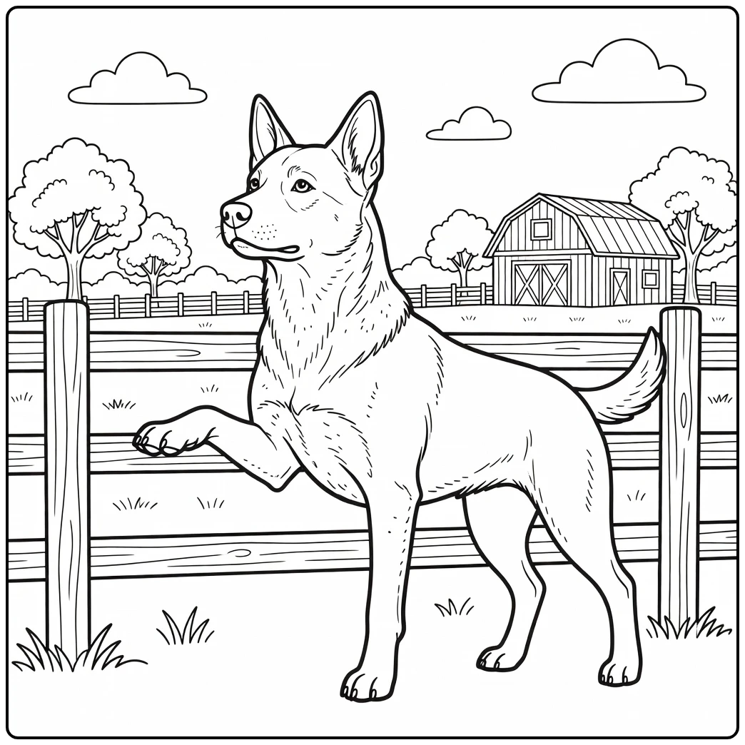 Vigilant australian cattle dog coloring page at a farm fence.