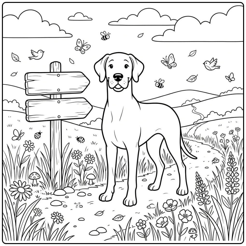 Cute Great Dane on a trail Dog coloring page for kids.