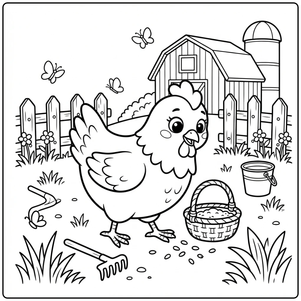 Cute Hen coloring page with a farmyard fence and grain basket