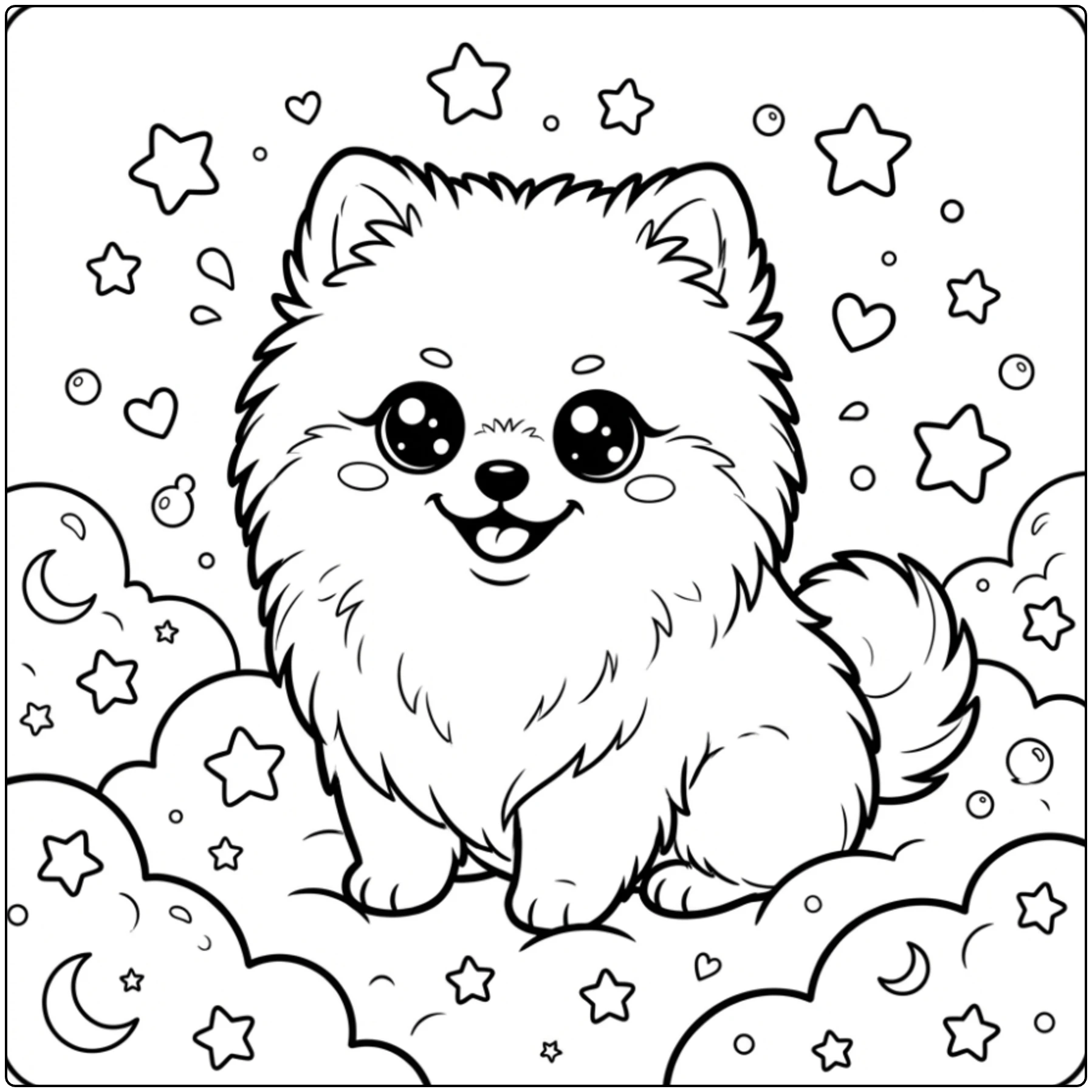 Cute Kawaii Pomeranian coloring page with stars and clouds