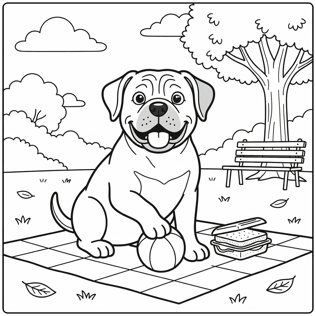 A cheerful bullmastiff coloring page featuring a park picnic.