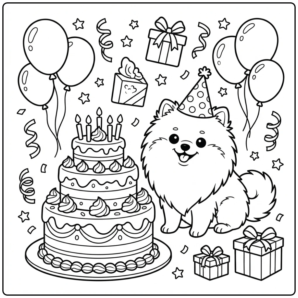 Cute Pomeranian coloring page with birthday cake and balloons.