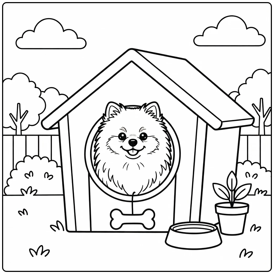 A fluffy Pomeranian dog face coloring page in a cozy doghouse.