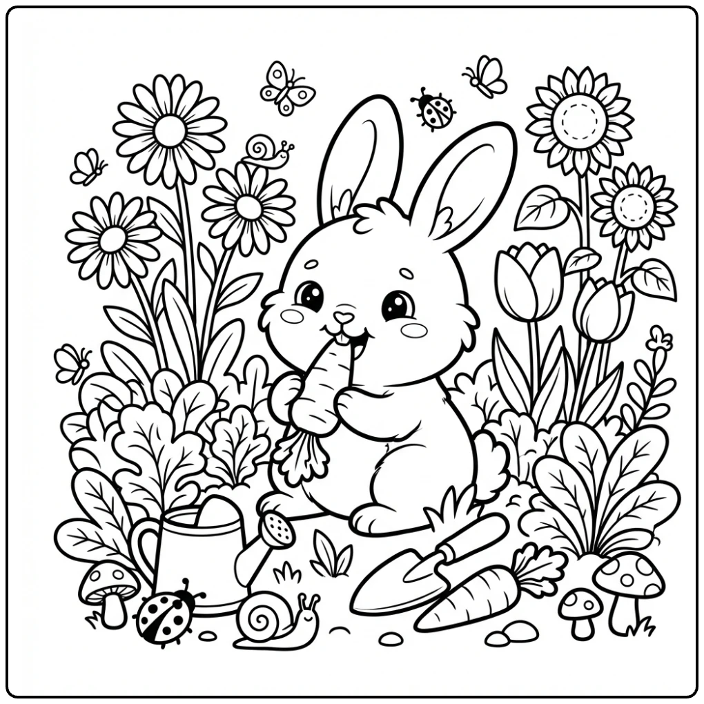 Cute Rabbit coloring page nibbling a carrot in a garden.