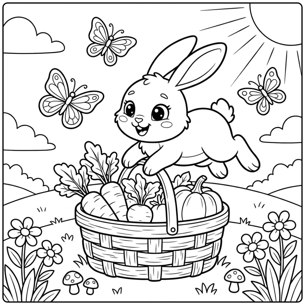 Playful Rabbit coloring page of a bunny hopping by vegetables.