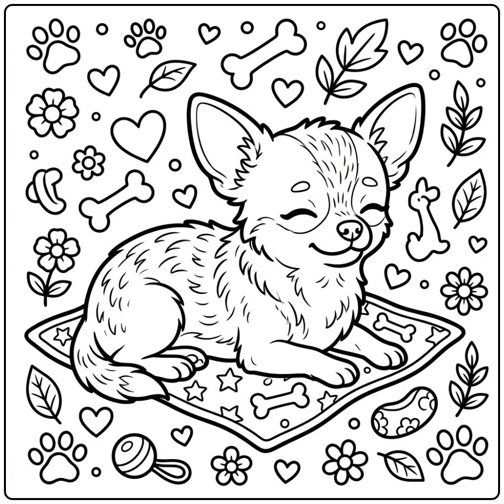 A detailed Realistic Chihuahua coloring page with paws and bones.