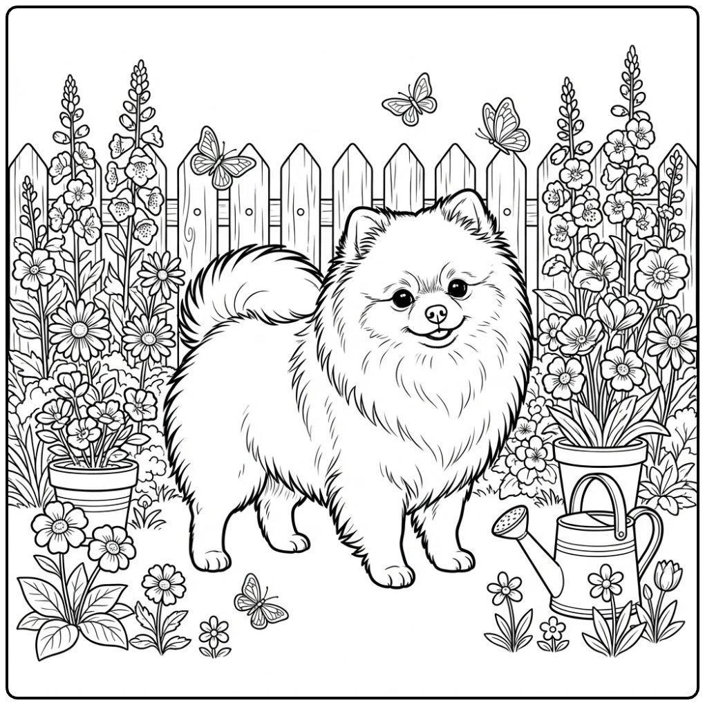 Realistic Pomeranian coloring page of a dog in a flower garden.